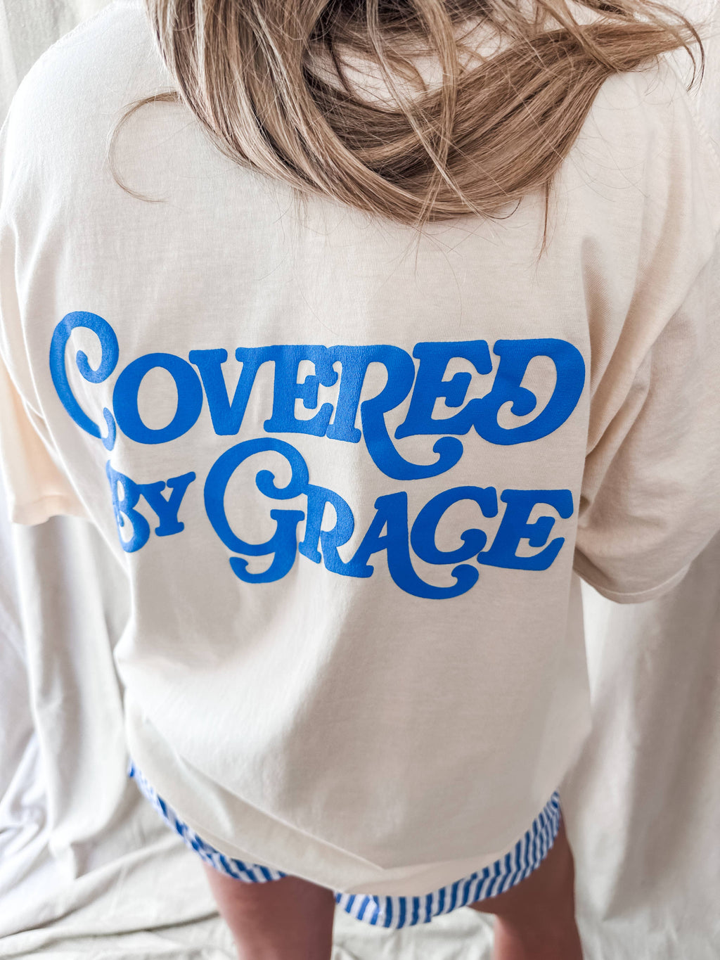 Covered By Grace blue puff- Ivory Tee