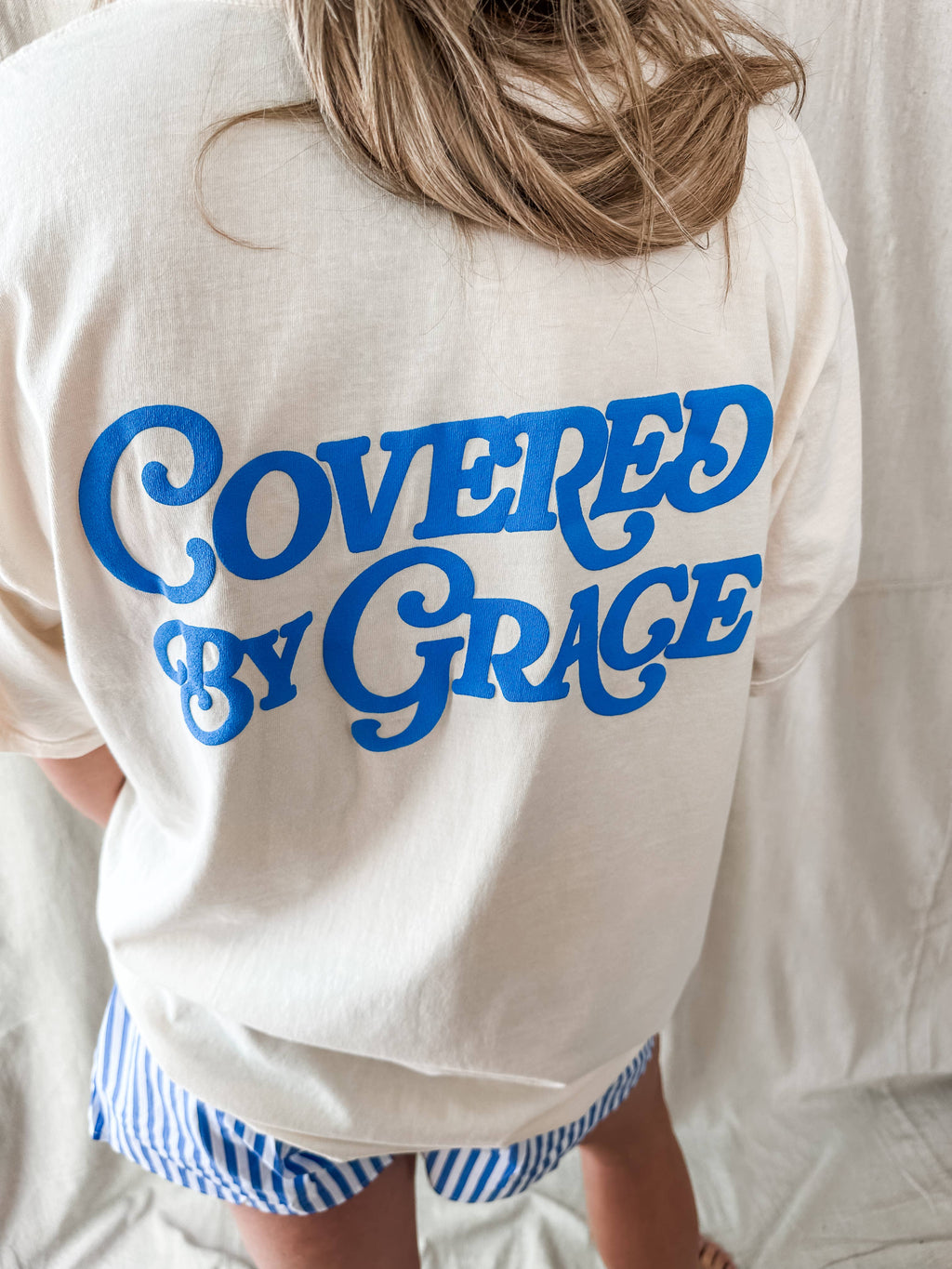 Covered By Grace blue puff- Ivory Tee