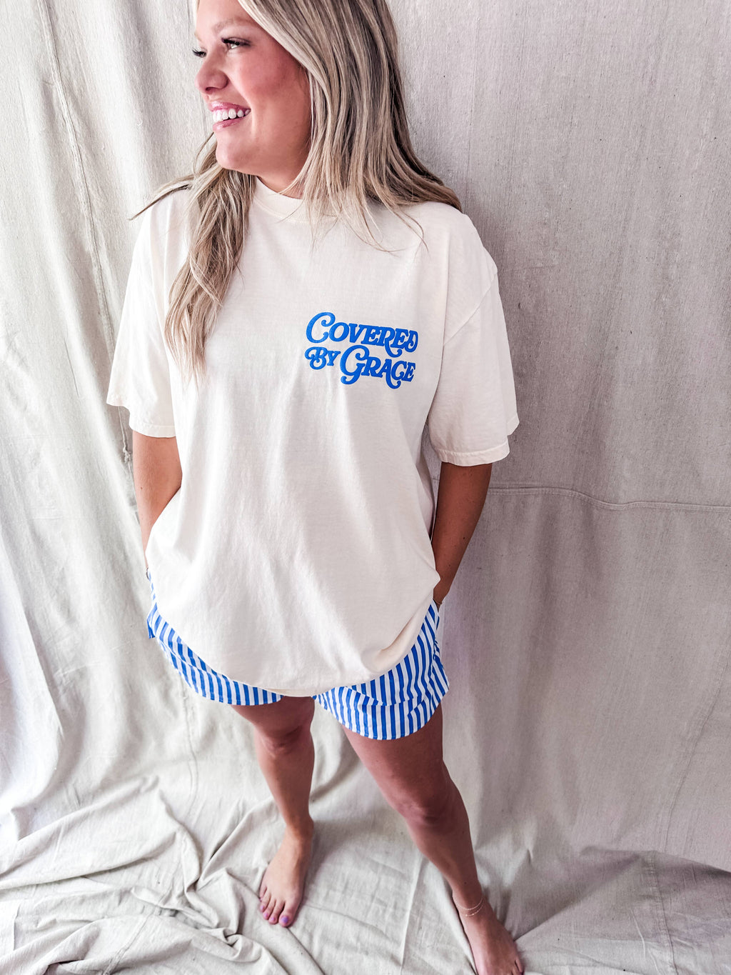 Covered By Grace blue puff- Ivory Tee