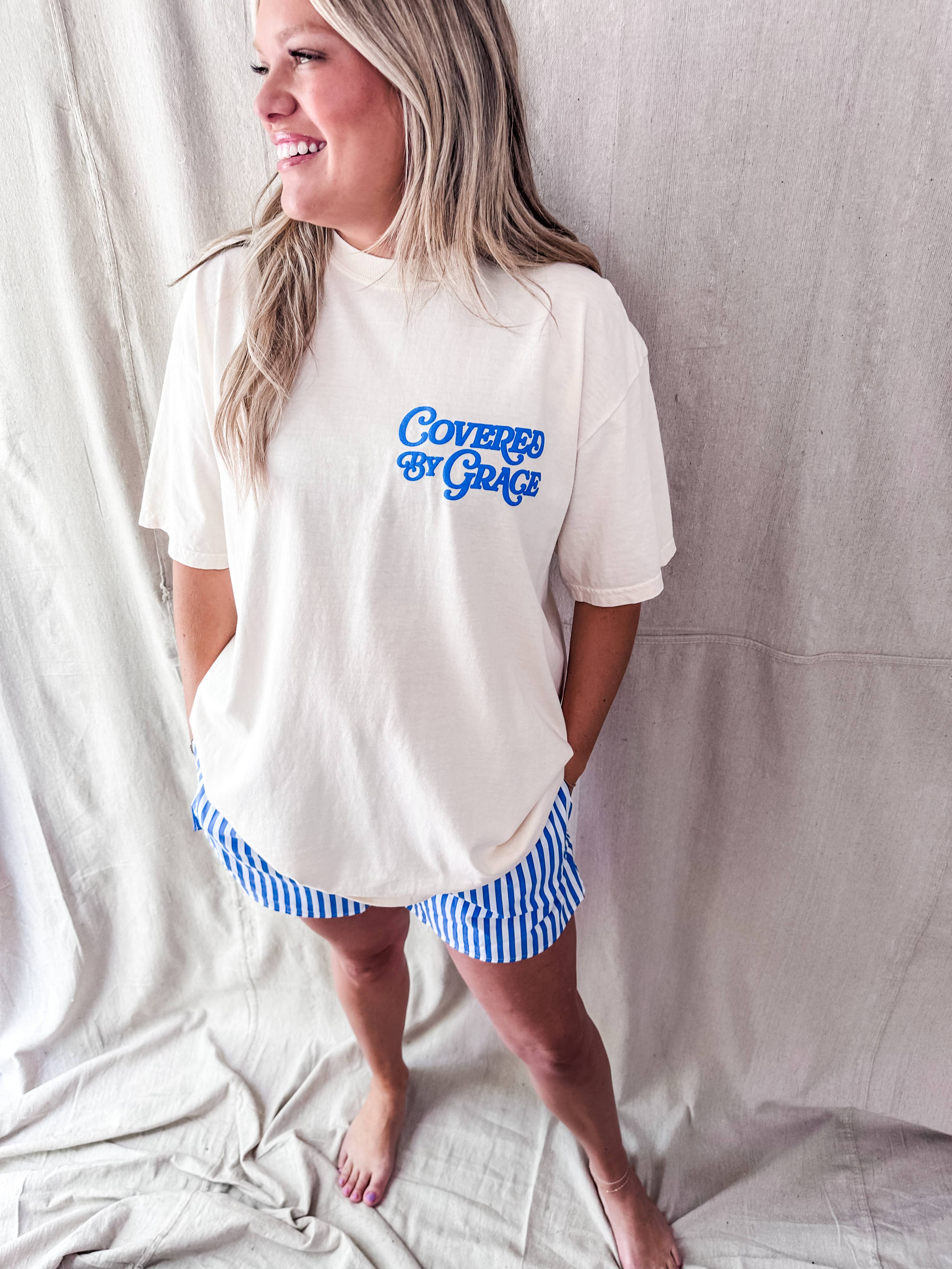 Covered By Grace blue puff- Ivory Tee