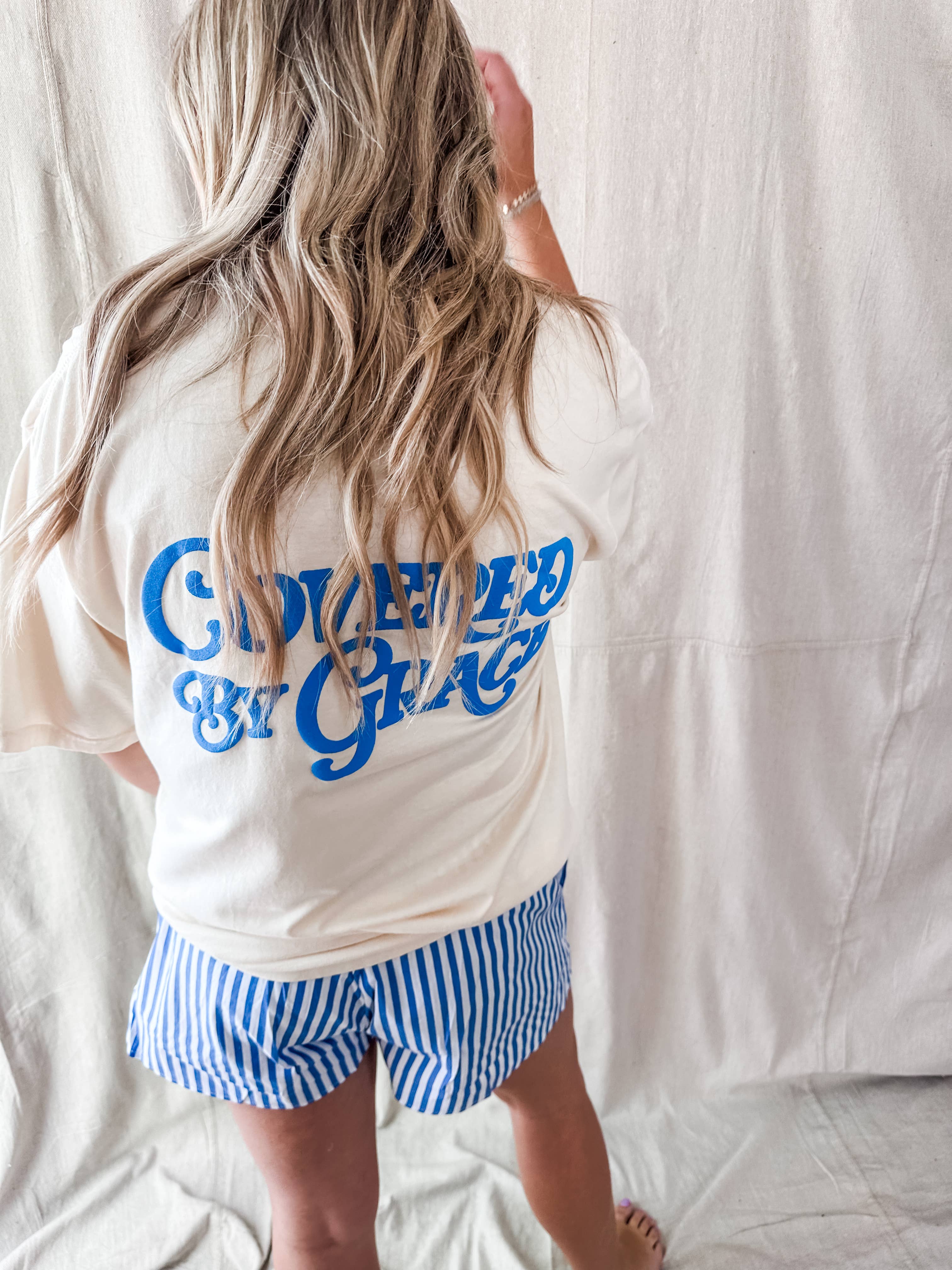 Covered By Grace blue puff- Ivory Tee